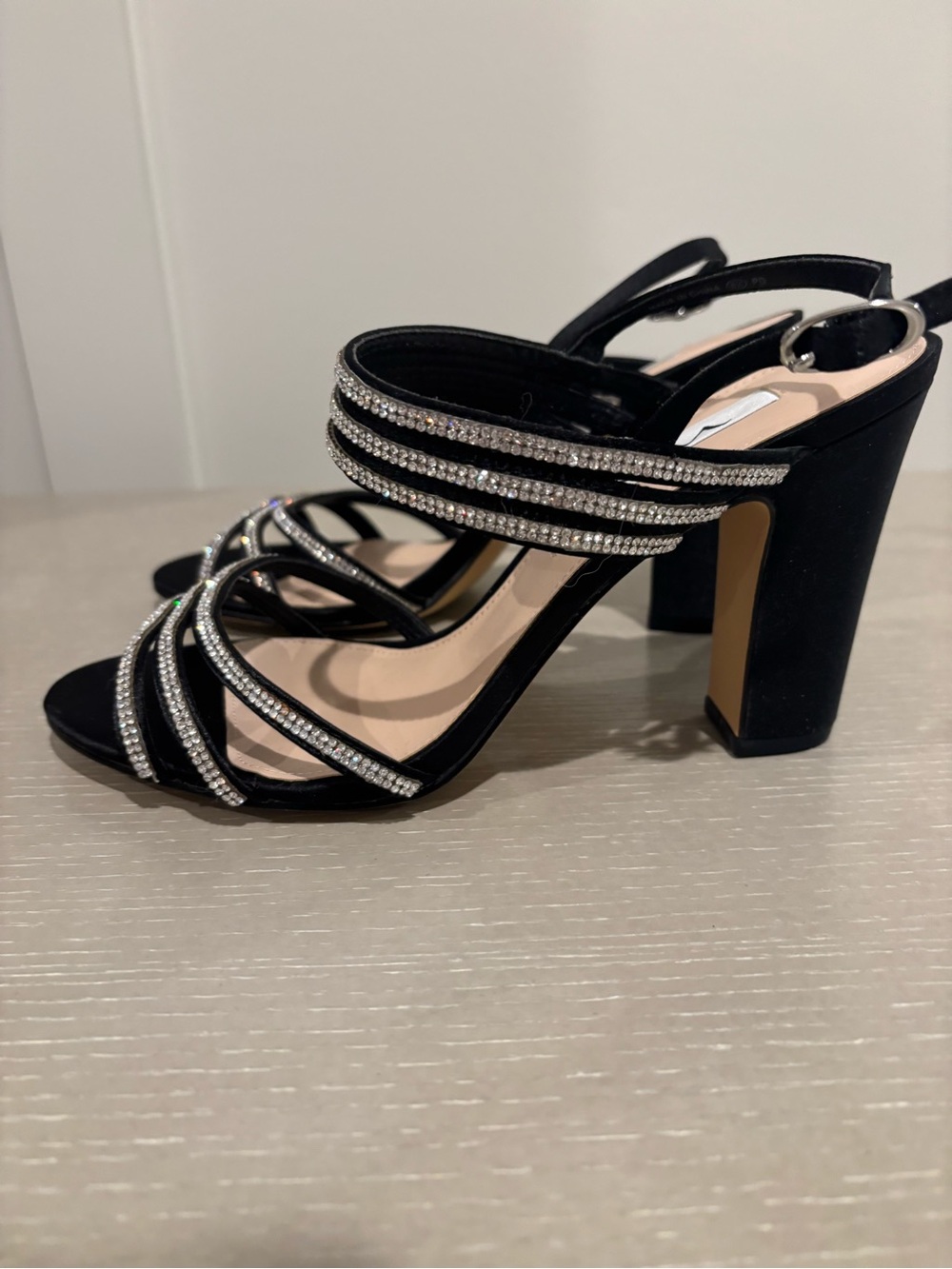 Nina Black Rhinestone Strappy Block Heel Sandals
